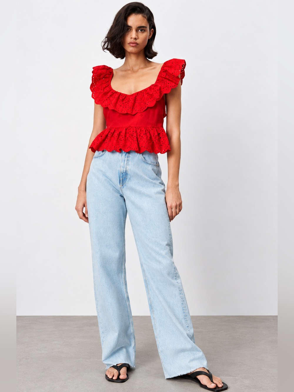 Zara Red Eyelet Ruffle Open Back Peplum Top Size L